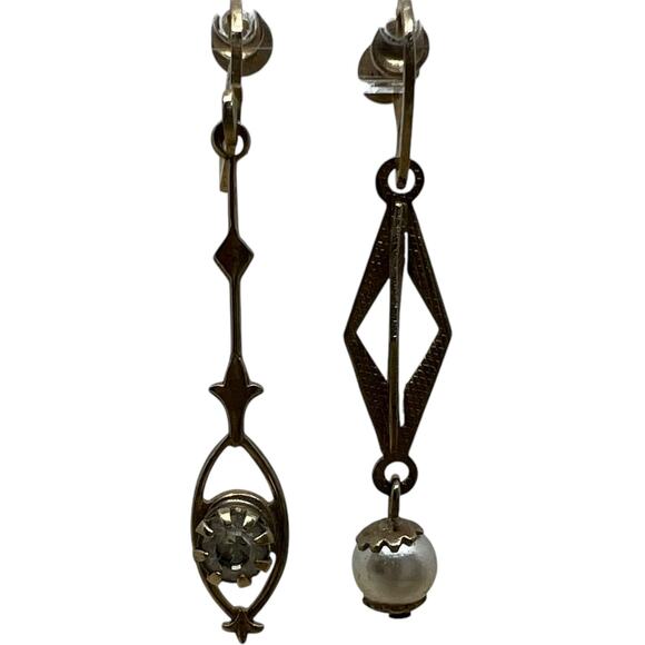 Vintage Gold Pearl Gem Drop Earrings Art Deco Screw Back Clips asymmetrical - Picture 5 of 6